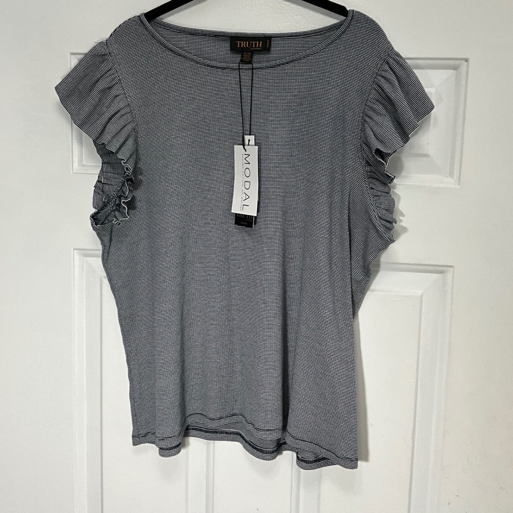 Truth by Republic Striped Ruffle Sleeve Modal Knit Top 1X Blue White NEW